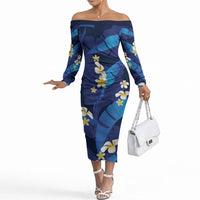 Teal Purple Banana Leaf Hawaii Off The Shoulder Long Sleeve Dress Lau Maia Plumeria Tropical Summer Vibes