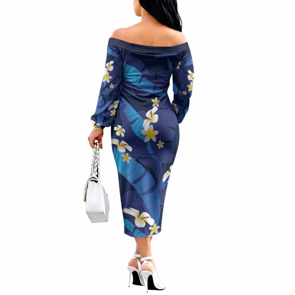 Teal Purple Banana Leaf Hawaii Off The Shoulder Long Sleeve Dress Lau Maia Plumeria Tropical Summer Vibes