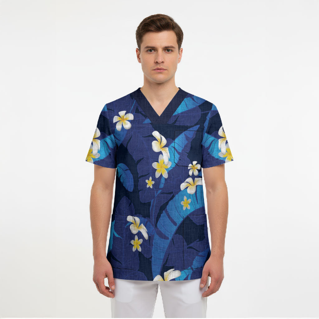 Teal Purple Banana Leaf Hawaii Scrub Top Lau Maia Plumeria Tropical Summer Vibes
