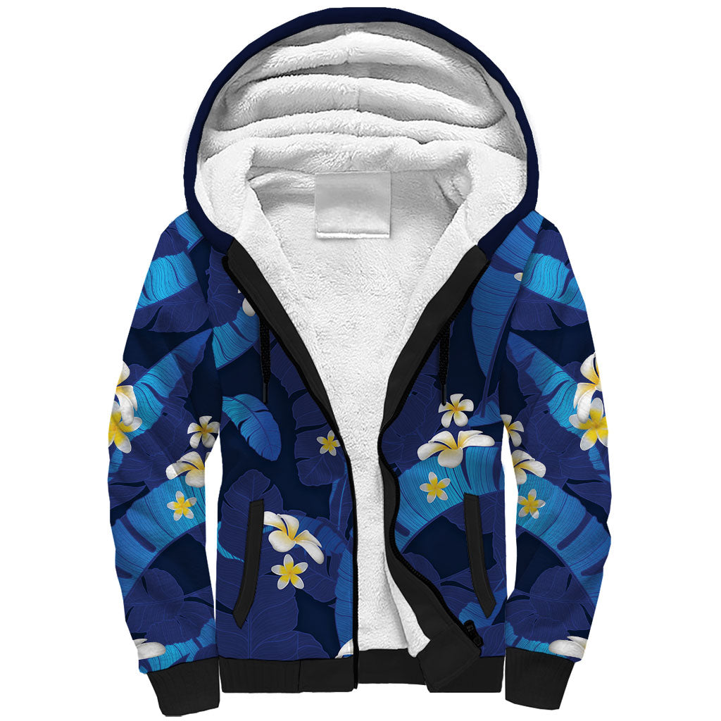 Teal Purple Banana Leaf Hawaii Sherpa Hoodie Lau Maia Plumeria Tropical Summer Vibes