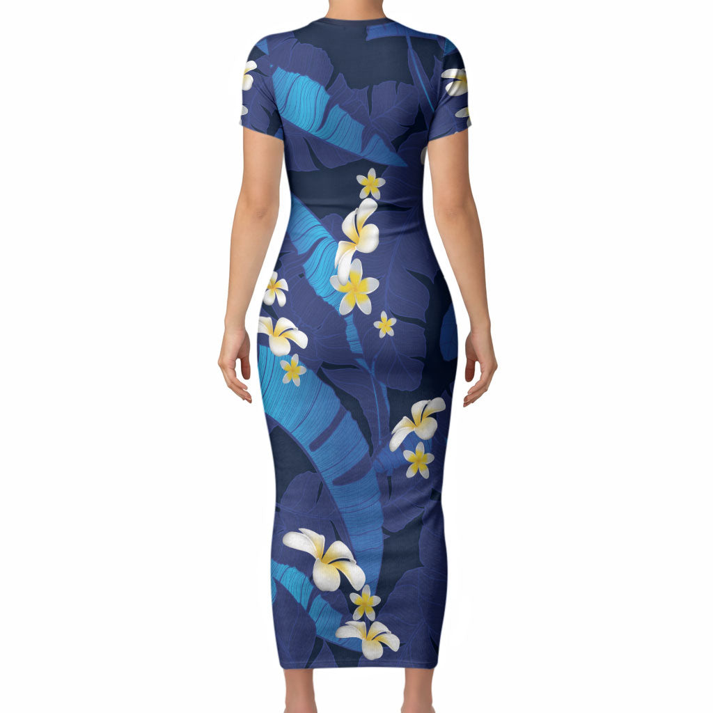 Teal Purple Banana Leaf Hawaii Short Sleeve Bodycon Dress Lau Maia Plumeria Tropical Summer Vibes