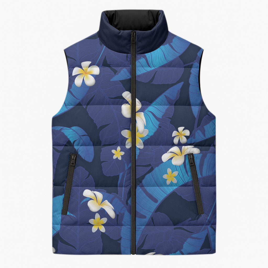 Teal Purple Banana Leaf Hawaii Sleeveless Puffer Jacket Lau Maia Plumeria Tropical Summer Vibes