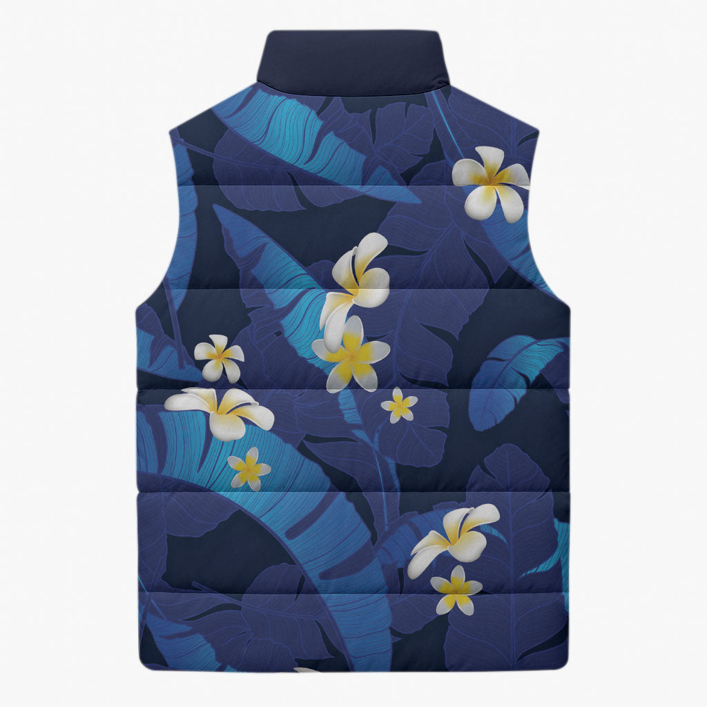 Teal Purple Banana Leaf Hawaii Sleeveless Puffer Jacket Lau Maia Plumeria Tropical Summer Vibes