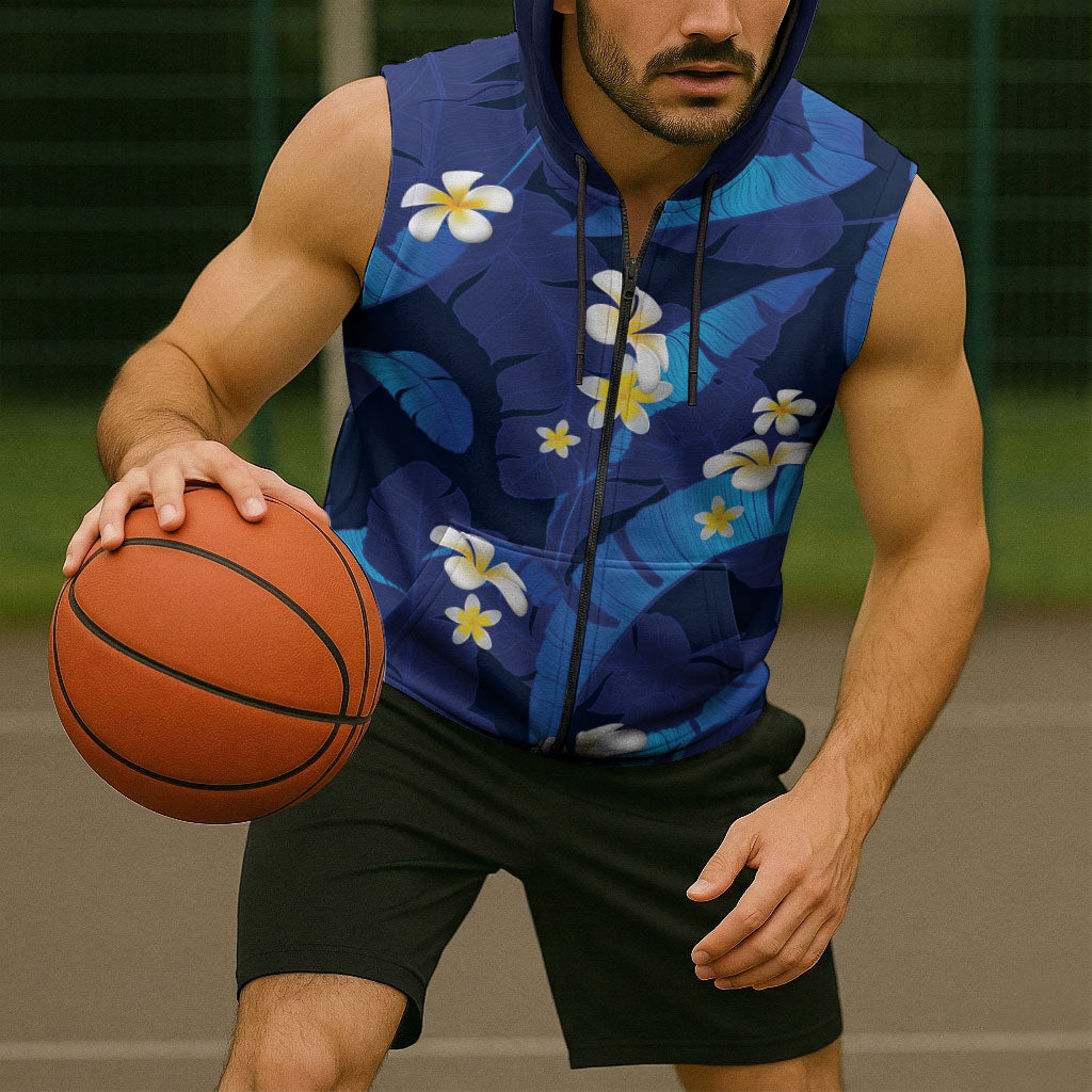 Teal Purple Banana Leaf Hawaii Sleeveless Zip Hoodie Lau Maia Plumeria Tropical Summer Vibes