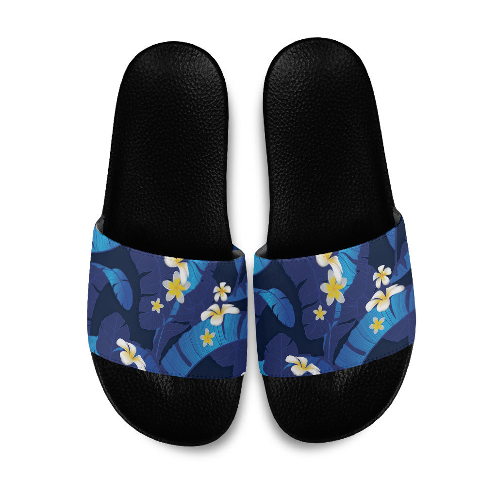 Teal Purple Banana Leaf Hawaii Slide Sandals Lau Maia Plumeria Tropical Summer Vibes