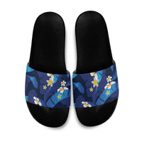 Teal Purple Banana Leaf Hawaii Slide Sandals Lau Maia Plumeria Tropical Summer Vibes