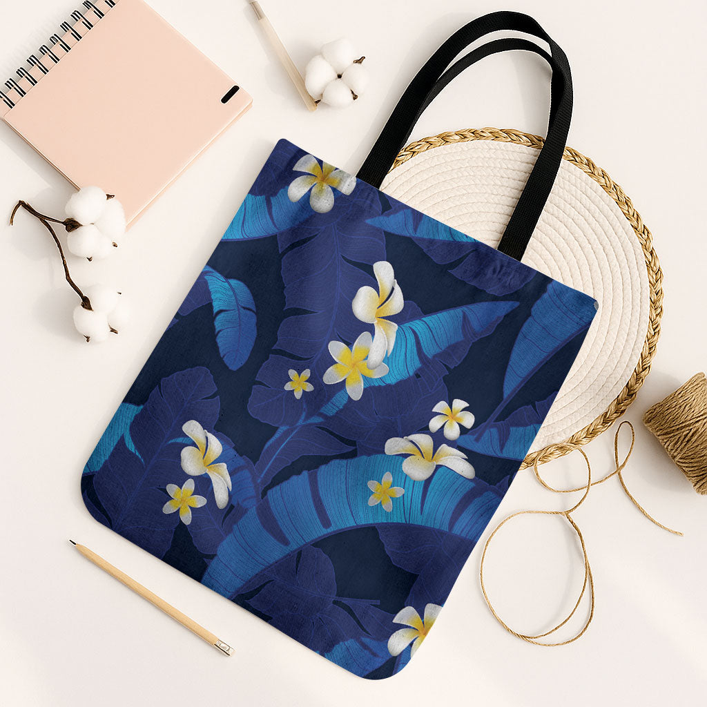 Teal Purple Banana Leaf Hawaii Tote Bag Lau Maia Plumeria Tropical Summer Vibes