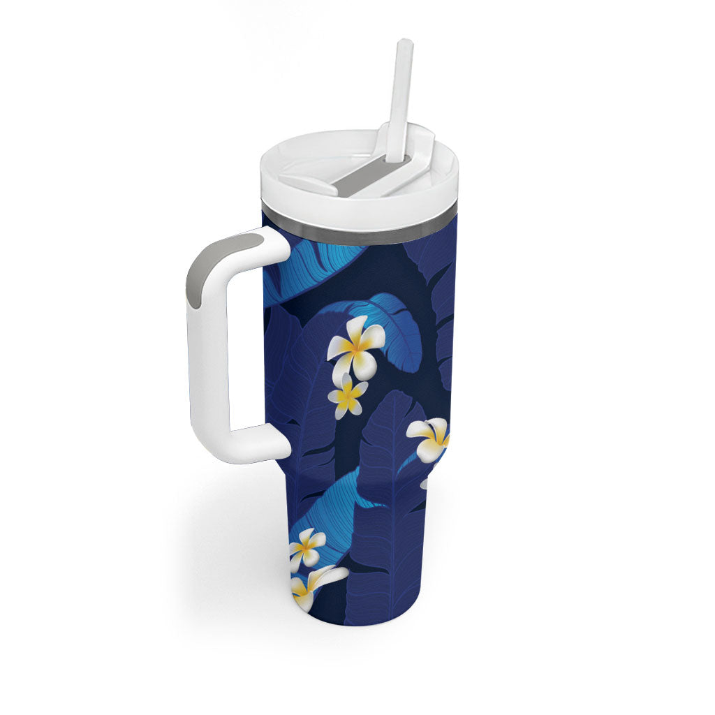 Teal Purple Banana Leaf Hawaii Tumbler With Handle Lau Maia Plumeria Tropical Summer Vibes