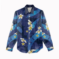 Teal Purple Banana Leaf Hawaii Women Casual Shirt Lau Maia Plumeria Tropical Summer Vibes