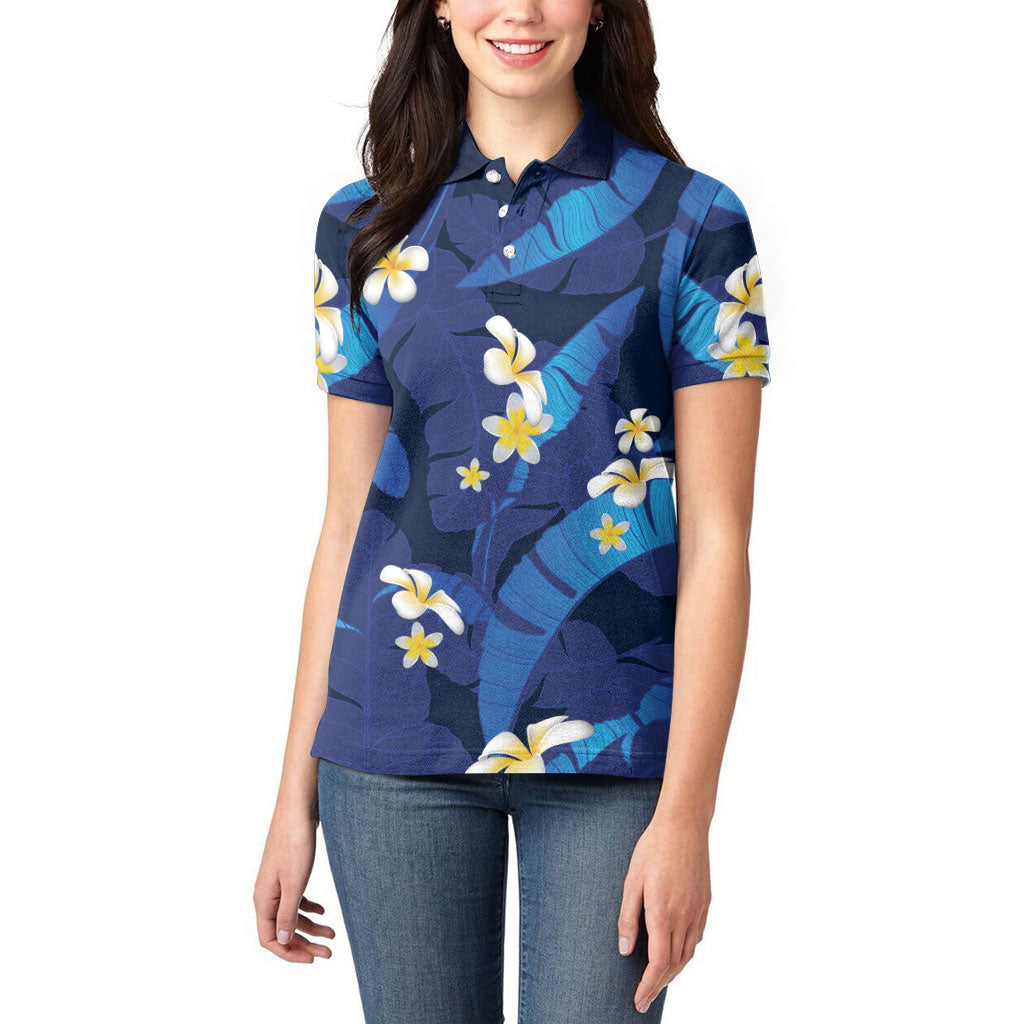 Teal Purple Banana Leaf Hawaii Women Polo Shirt Lau Maia Plumeria Tropical Summer Vibes