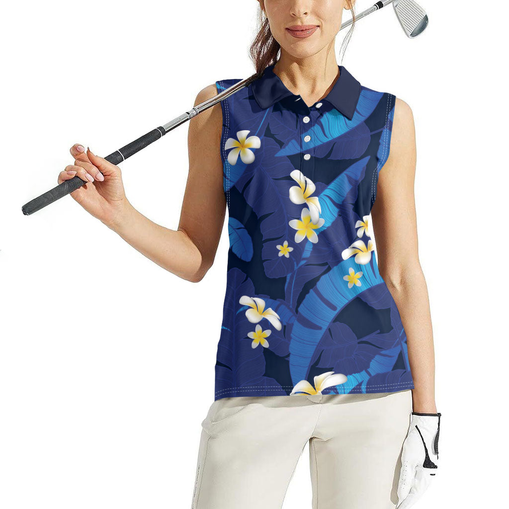 Teal Purple Banana Leaf Hawaii Women Sleeveless Polo Shirt Lau Maia Plumeria Tropical Summer Vibes