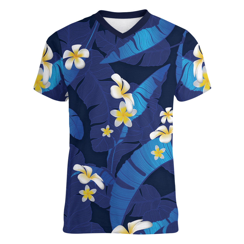 Teal Purple Banana Leaf Hawaii Women V-Neck T-Shirt Lau Maia Plumeria Tropical Summer Vibes