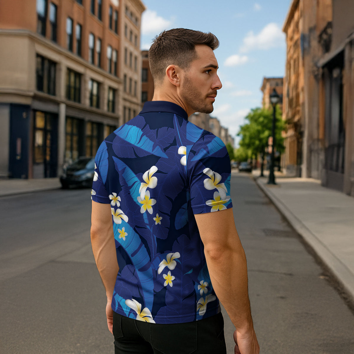 Teal Purple Banana Leaf Hawaii Zipper Polo Shirt Lau Maia Plumeria Tropical Summer Vibes