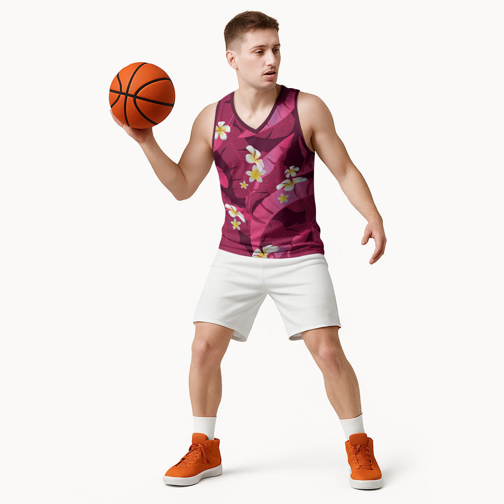 Pink Banana Leaf Hawaii Basketball Jersey Lau Maia Plumeria Tropical Summer Vibes