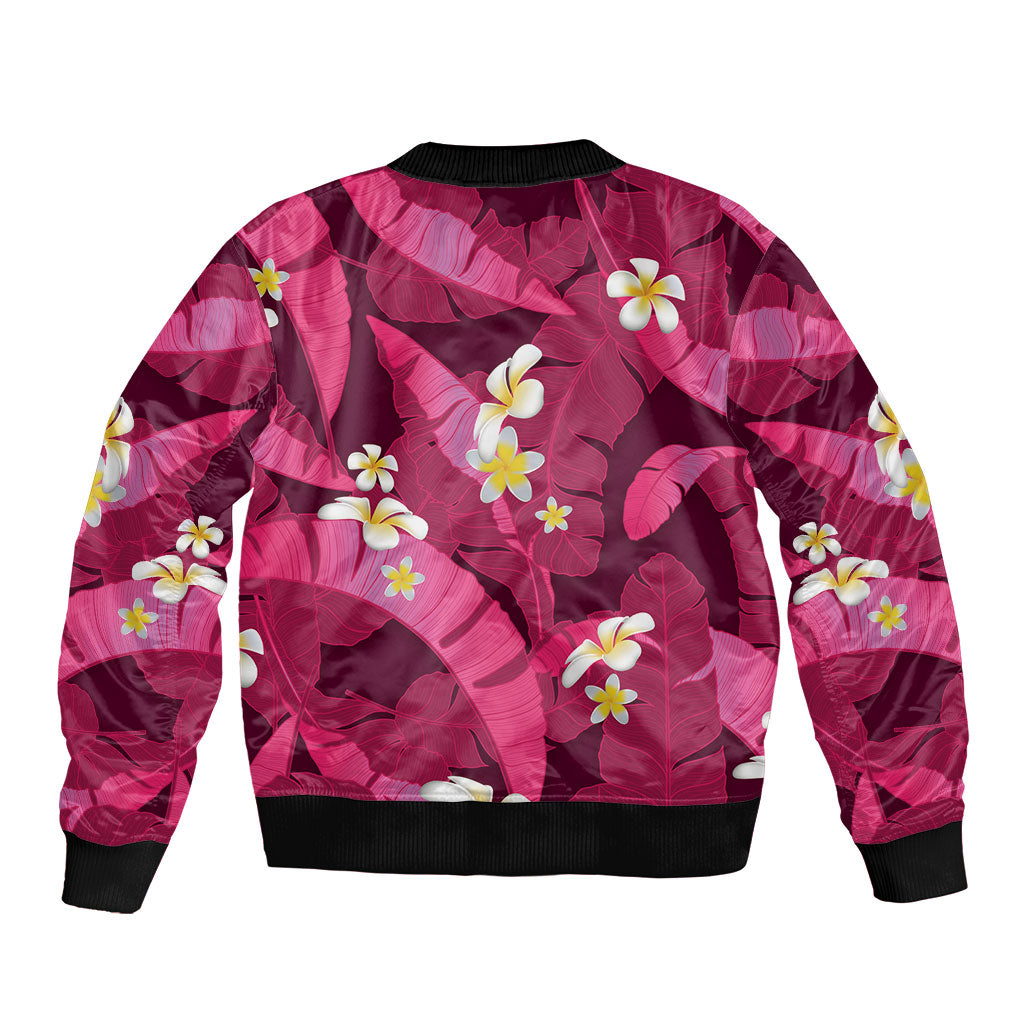 Pink Banana Leaf Hawaii Bomber Jacket Lau Maia Plumeria Tropical Summer Vibes