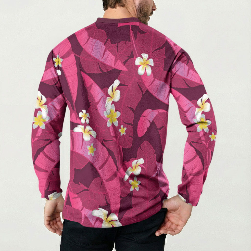Pink Banana Leaf Hawaii Button Sweatshirt Lau Maia Plumeria Tropical Summer Vibes