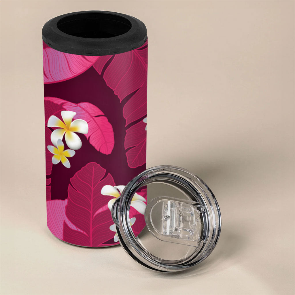 Pink Banana Leaf Hawaii 4 in 1 Can Cooler Tumbler Lau Maia Plumeria Tropical Summer Vibes