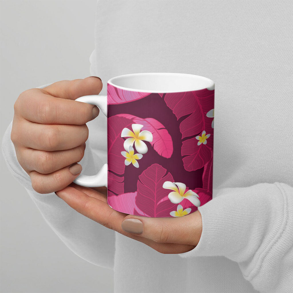 Pink Banana Leaf Hawaii Ceramic Mug Lau Maia Plumeria Tropical Summer Vibes