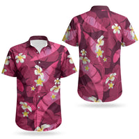 Pink Banana Leaf Hawaii Couples Matching Long Sleeve Bodycon Dress and Hawaiian Shirt Lau Maia Plumeria Tropical Summer Vibes