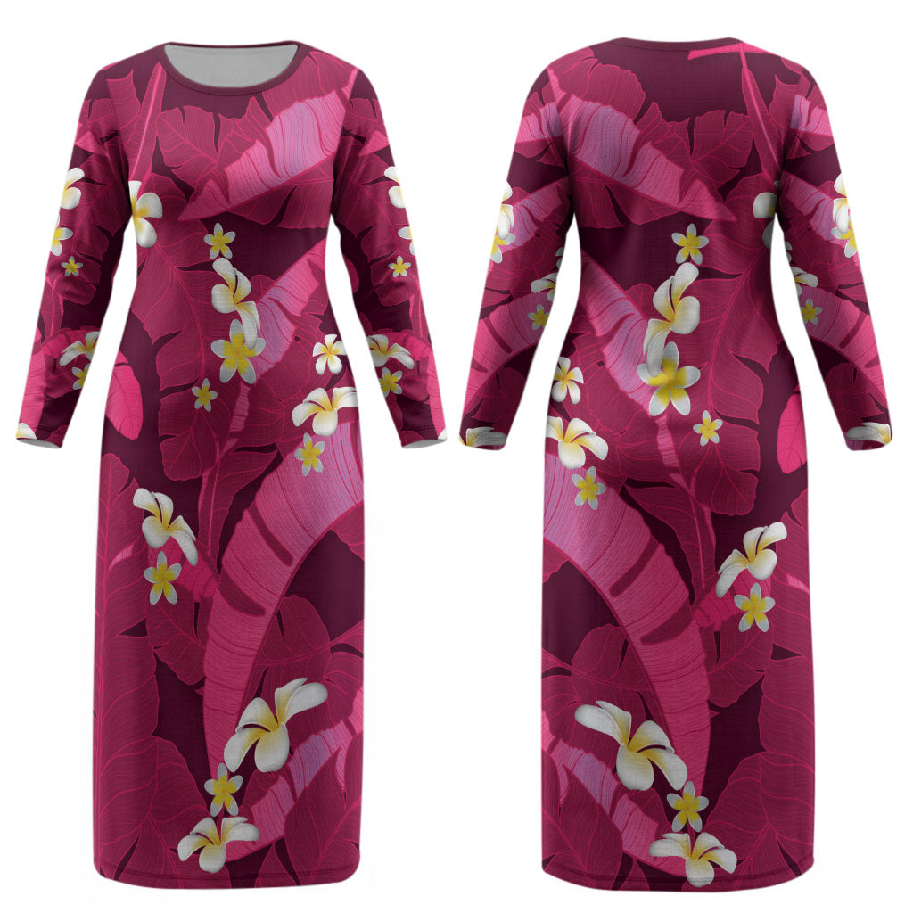 Pink Banana Leaf Hawaii Couples Matching Long Sleeve Bodycon Dress and Hawaiian Shirt Lau Maia Plumeria Tropical Summer Vibes