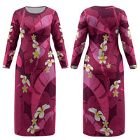 Pink Banana Leaf Hawaii Couples Matching Long Sleeve Bodycon Dress and Hawaiian Shirt Lau Maia Plumeria Tropical Summer Vibes