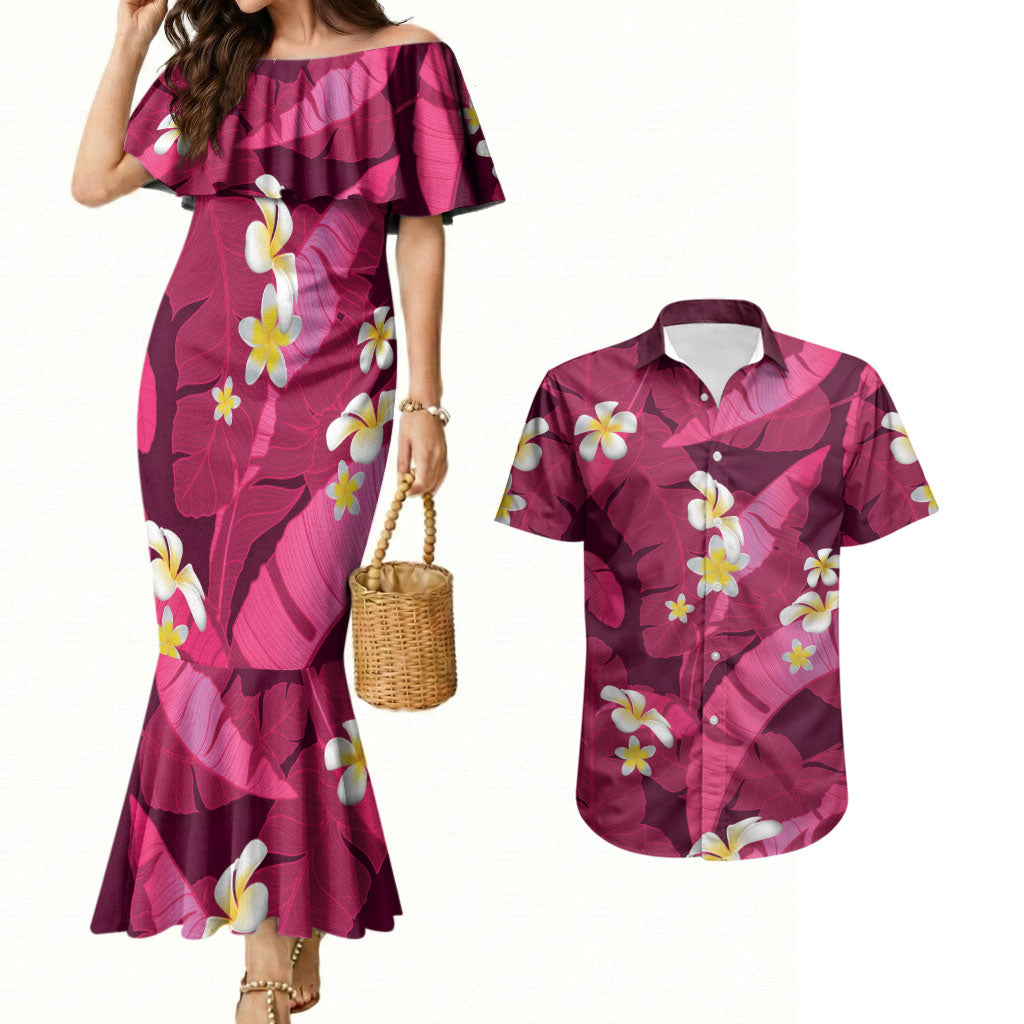 Pink Banana Leaf Hawaii Couples Matching Mermaid Dress and Hawaiian Shirt Lau Maia Plumeria Tropical Summer Vibes