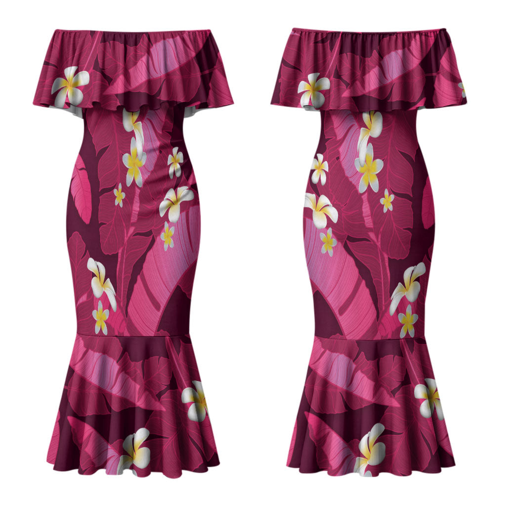Pink Banana Leaf Hawaii Couples Matching Mermaid Dress and Hawaiian Shirt Lau Maia Plumeria Tropical Summer Vibes