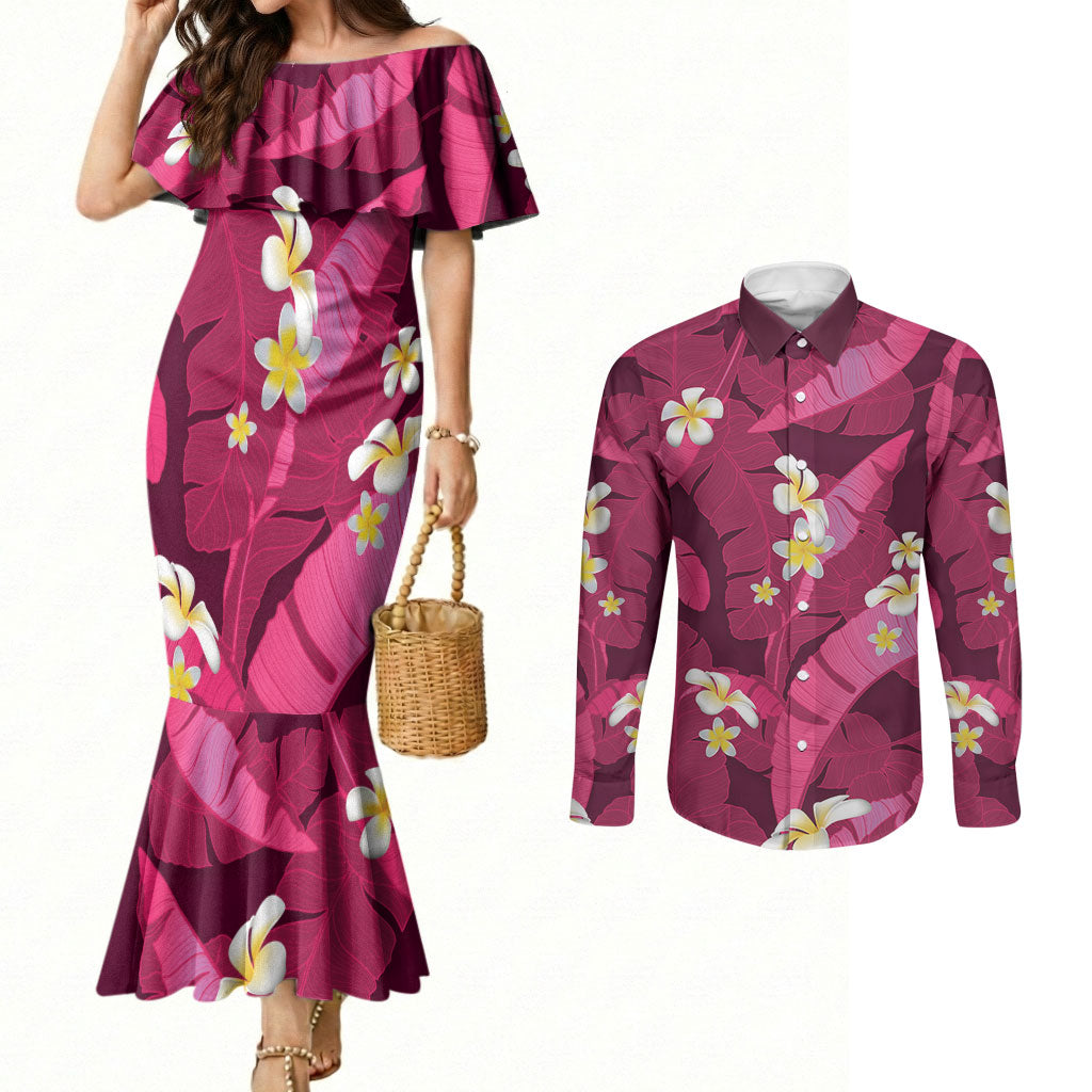 Pink Banana Leaf Hawaii Couples Matching Mermaid Dress and Long Sleeve Button Shirt Lau Maia Plumeria Tropical Summer Vibes