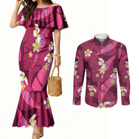 Pink Banana Leaf Hawaii Couples Matching Mermaid Dress and Long Sleeve Button Shirt Lau Maia Plumeria Tropical Summer Vibes
