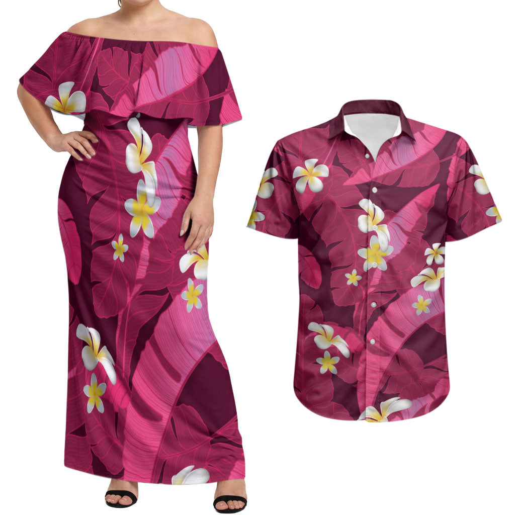 Pink Banana Leaf Hawaii Couples Matching Off Shoulder Maxi Dress and Hawaiian Shirt Lau Maia Plumeria Tropical Summer Vibes