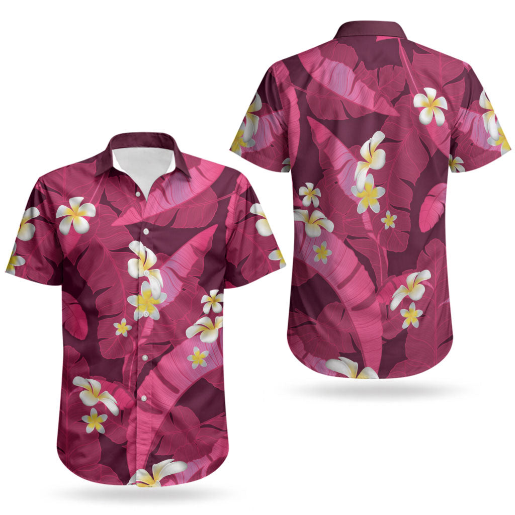 Pink Banana Leaf Hawaii Couples Matching Off Shoulder Maxi Dress and Hawaiian Shirt Lau Maia Plumeria Tropical Summer Vibes