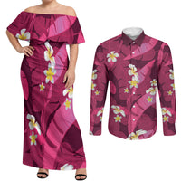 Pink Banana Leaf Hawaii Couples Matching Off Shoulder Maxi Dress and Long Sleeve Button Shirt Lau Maia Plumeria Tropical Summer Vibes