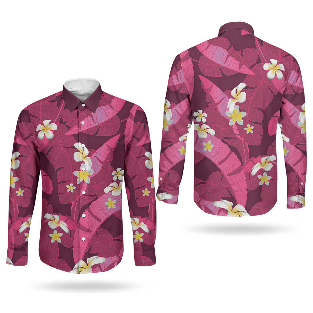 Pink Banana Leaf Hawaii Couples Matching Off Shoulder Maxi Dress and Long Sleeve Button Shirt Lau Maia Plumeria Tropical Summer Vibes
