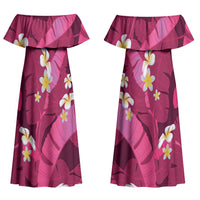 Pink Banana Leaf Hawaii Couples Matching Off Shoulder Maxi Dress and Long Sleeve Button Shirt Lau Maia Plumeria Tropical Summer Vibes
