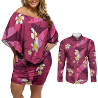 Pink Banana Leaf Hawaii Couples Matching Off Shoulder Short Dress and Long Sleeve Button Shirt Lau Maia Plumeria Tropical Summer Vibes