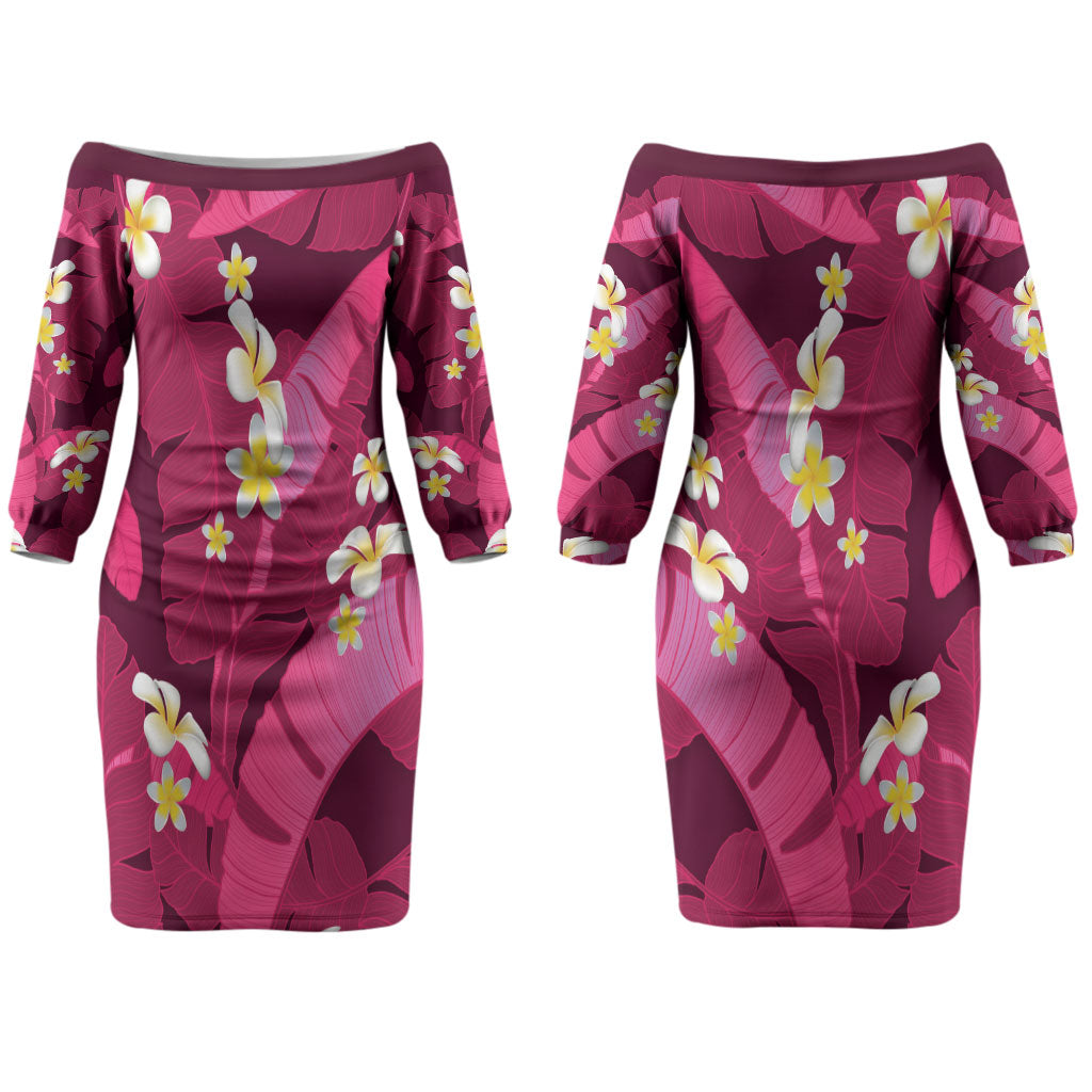 Pink Banana Leaf Hawaii Couples Matching Off The Shoulder Long Sleeve Dress and Hawaiian Shirt Lau Maia Plumeria Tropical Summer Vibes