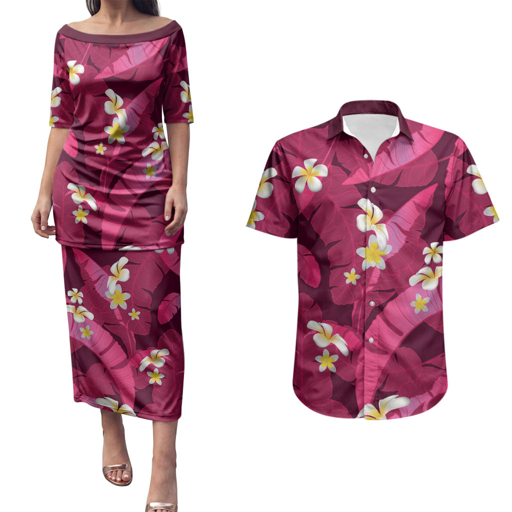 Pink Banana Leaf Hawaii Couples Matching Puletasi and Hawaiian Shirt Lau Maia Plumeria Tropical Summer Vibes