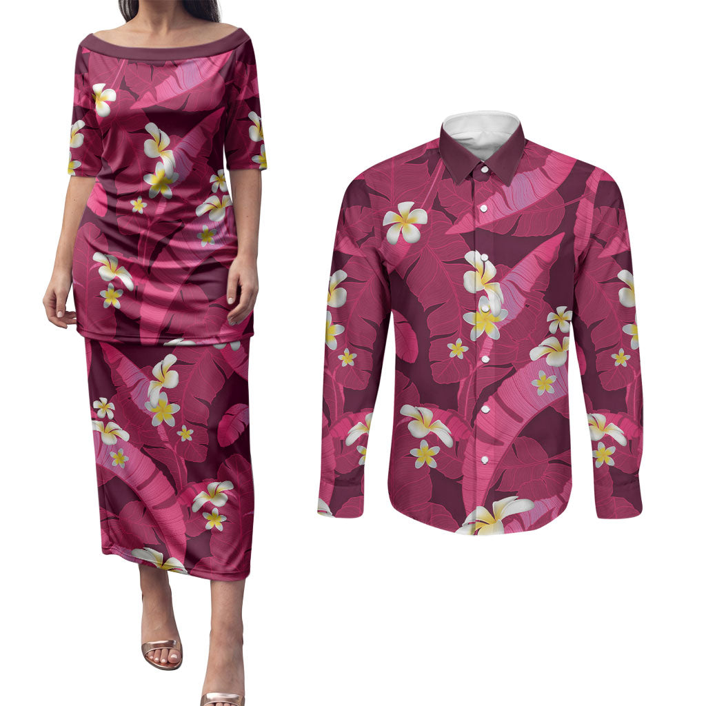Pink Banana Leaf Hawaii Couples Matching Puletasi and Long Sleeve Button Shirt Lau Maia Plumeria Tropical Summer Vibes