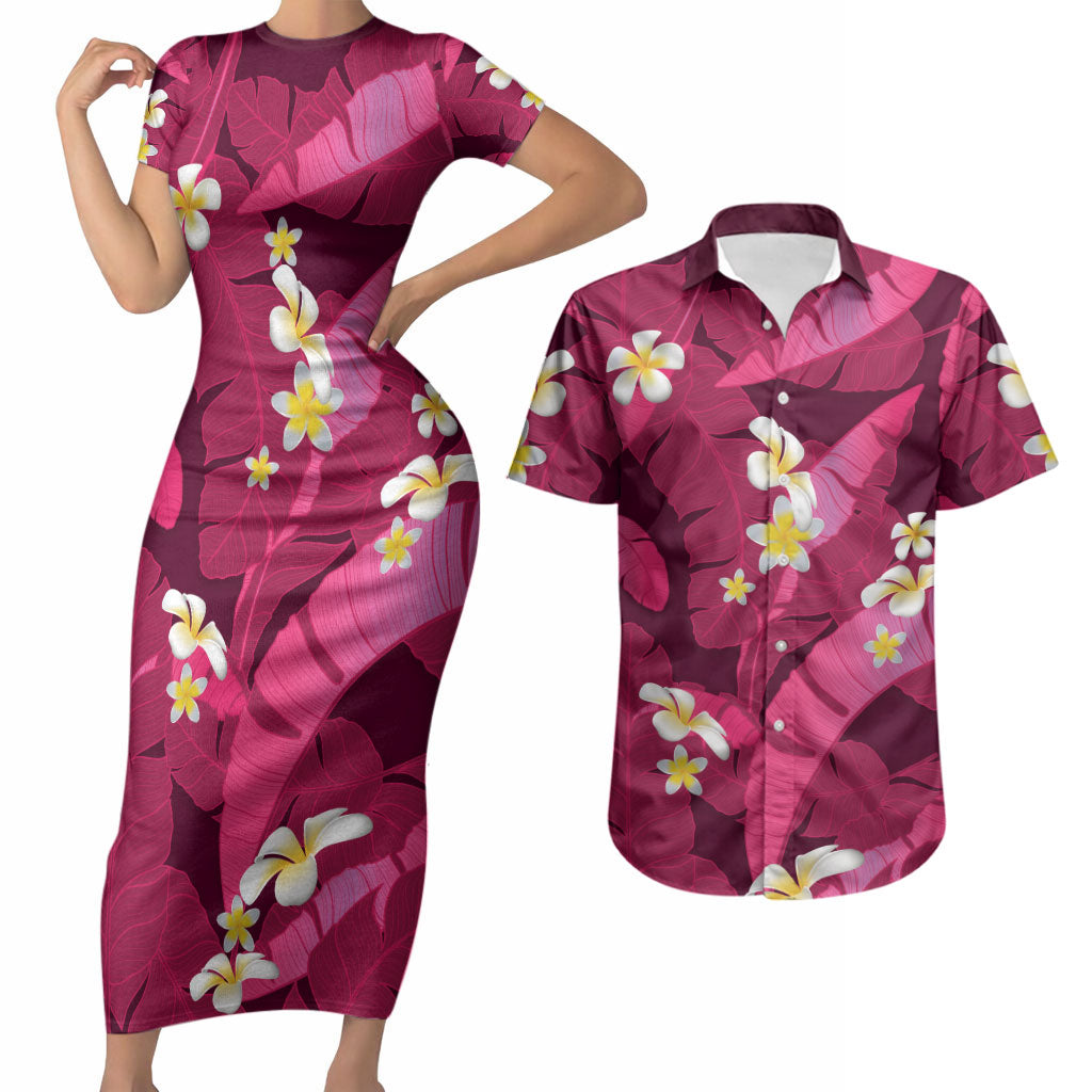 Pink Banana Leaf Hawaii Couples Matching Short Sleeve Bodycon Dress and Hawaiian Shirt Lau Maia Plumeria Tropical Summer Vibes