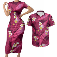 Pink Banana Leaf Hawaii Couples Matching Short Sleeve Bodycon Dress and Hawaiian Shirt Lau Maia Plumeria Tropical Summer Vibes