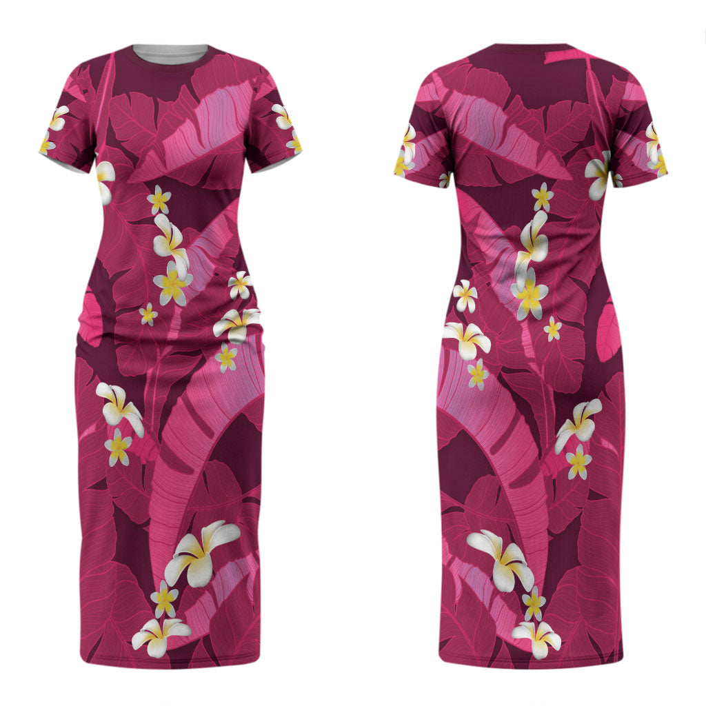 Pink Banana Leaf Hawaii Couples Matching Short Sleeve Bodycon Dress and Hawaiian Shirt Lau Maia Plumeria Tropical Summer Vibes