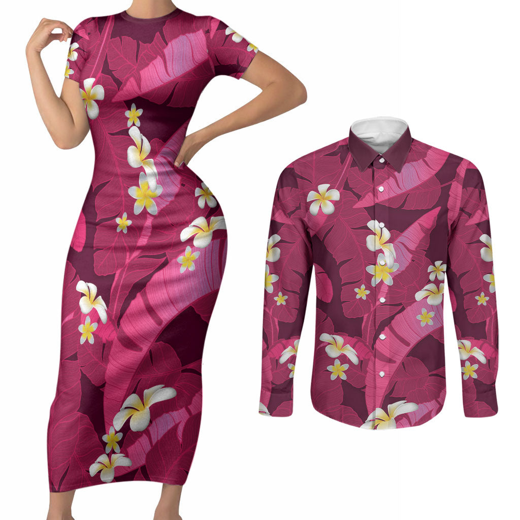 Pink Banana Leaf Hawaii Couples Matching Short Sleeve Bodycon Dress and Long Sleeve Button Shirt Lau Maia Plumeria Tropical Summer Vibes