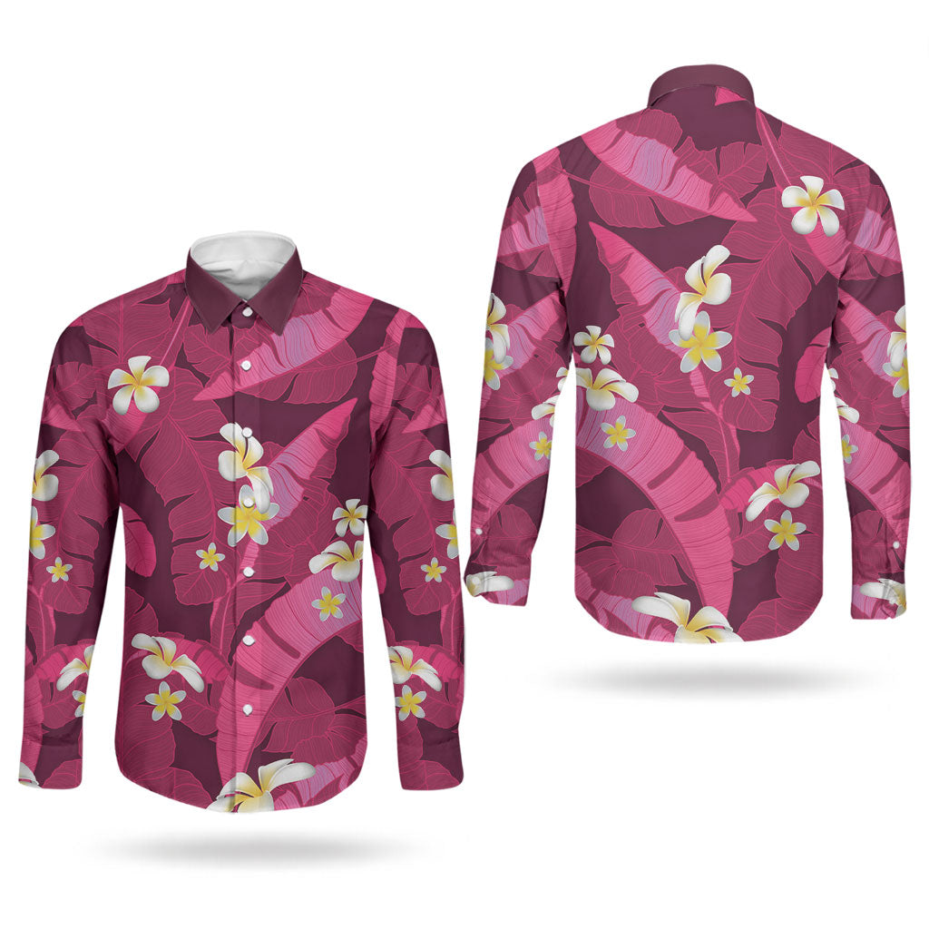 Pink Banana Leaf Hawaii Couples Matching Short Sleeve Bodycon Dress and Long Sleeve Button Shirt Lau Maia Plumeria Tropical Summer Vibes