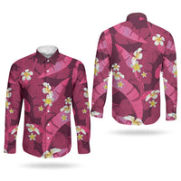 Pink Banana Leaf Hawaii Couples Matching Short Sleeve Bodycon Dress and Long Sleeve Button Shirt Lau Maia Plumeria Tropical Summer Vibes