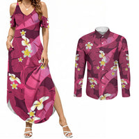Pink Banana Leaf Hawaii Couples Matching Summer Maxi Dress and Long Sleeve Button Shirt Lau Maia Plumeria Tropical Summer Vibes