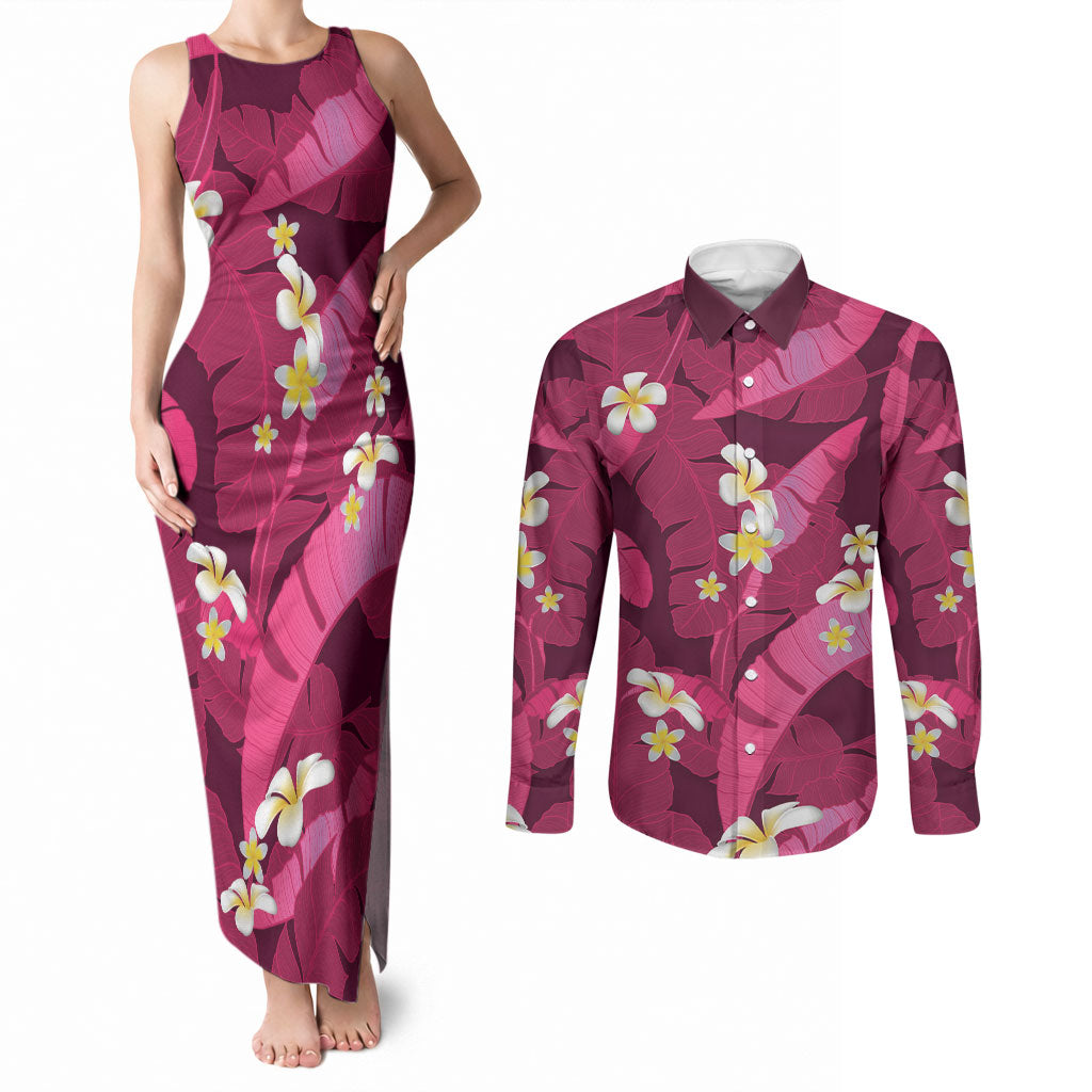 Pink Banana Leaf Hawaii Couples Matching Tank Maxi Dress and Long Sleeve Button Shirt Lau Maia Plumeria Tropical Summer Vibes