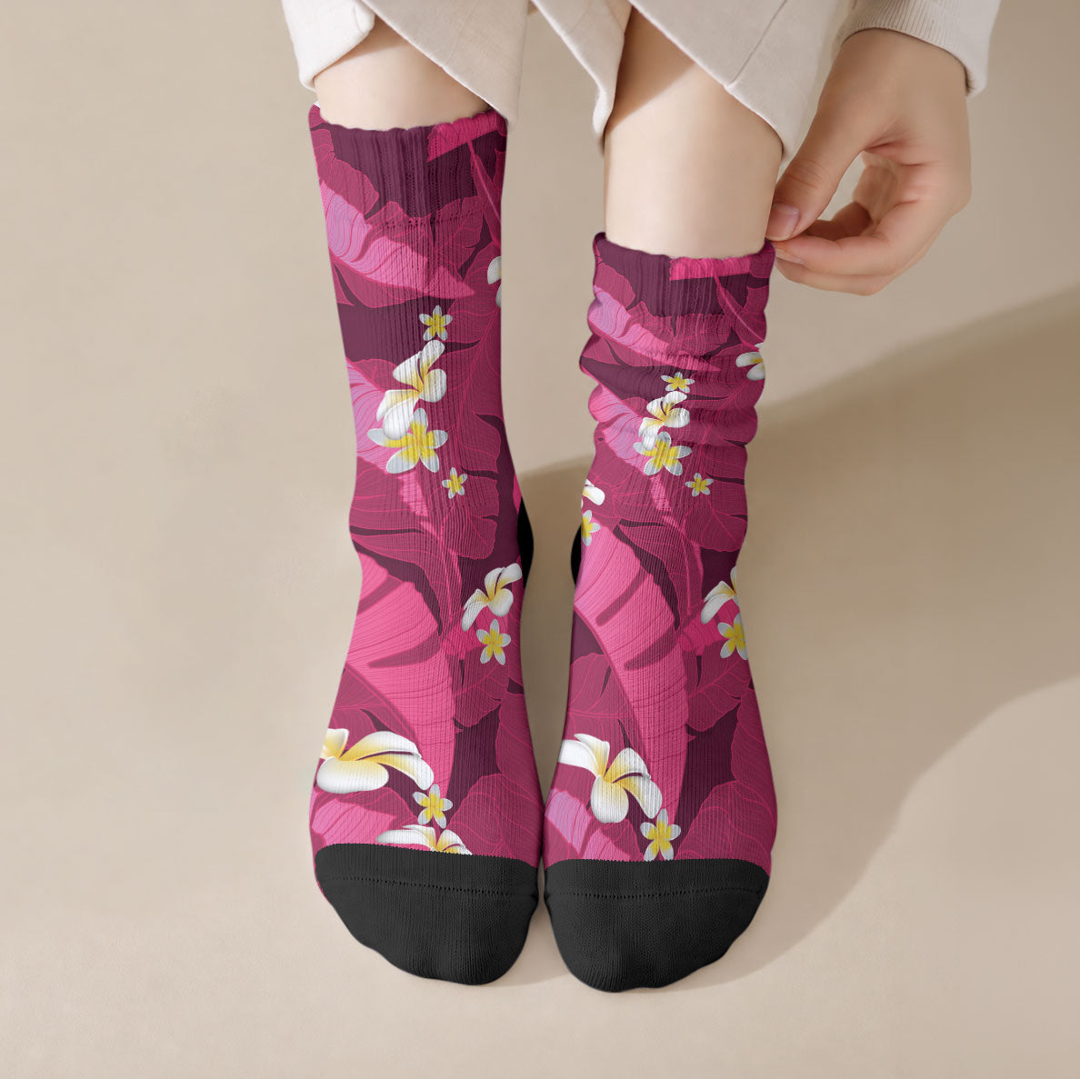 Pink Banana Leaf Hawaii Crew Socks Lau Maia Plumeria Tropical Summer Vibes