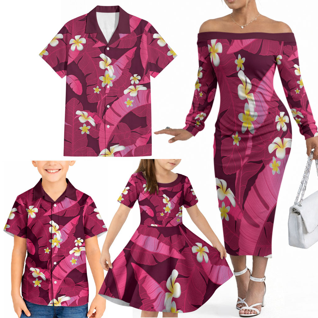 Pink Banana Leaf Hawaii Family Matching Off The Shoulder Long Sleeve Dress and Hawaiian Shirt Lau Maia Plumeria Tropical Summer Vibes