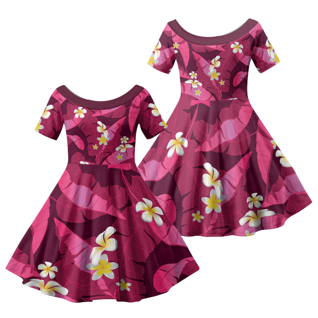 Pink Banana Leaf Hawaii Family Matching Off Shoulder Maxi Dress and Hawaiian Shirt Lau Maia Plumeria Tropical Summer Vibes
