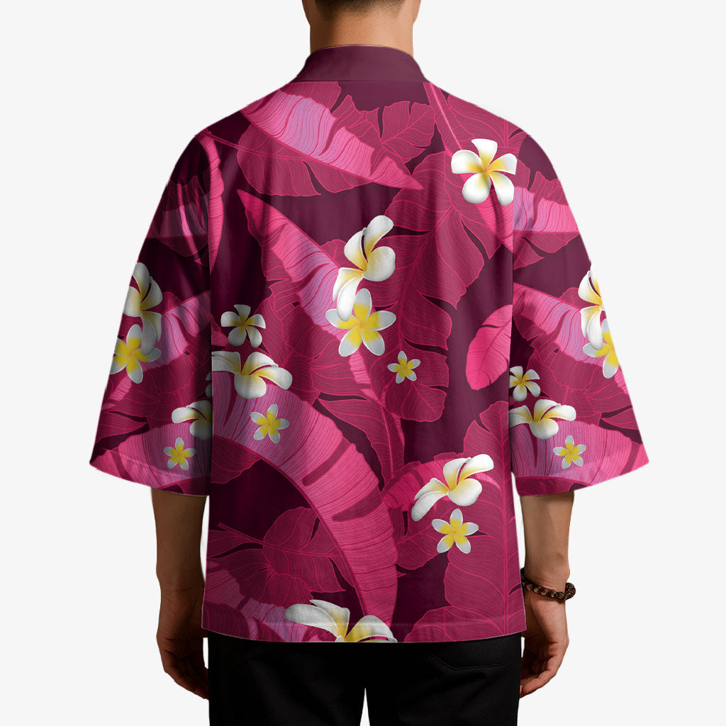 Pink Banana Leaf Hawaii Kimono Lau Maia Plumeria Tropical Summer Vibes